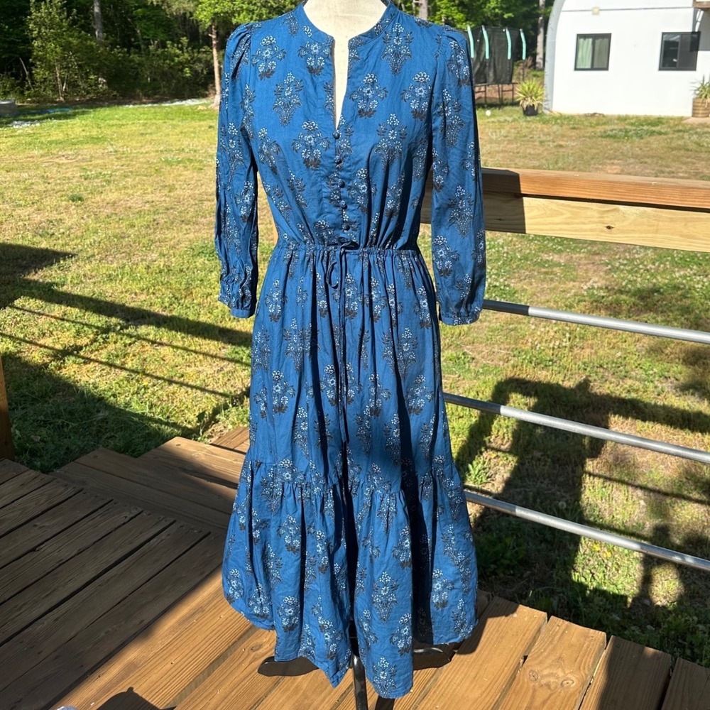 Sugarlips Blue Floral Cotton Midi Dress Long Sleeve Size XS Prairie Cottagecore
